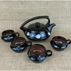 Vintage Hand Made Asian Black Glazed Red Clay Teapot Set